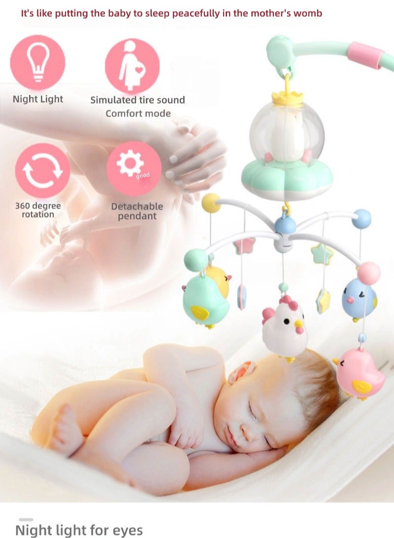 Musical crib mobile for babies, interactive, with multiple melodies and ambient lights, 360° rotation, touch control, volume control button, and universal mounting bracket  - Image 3