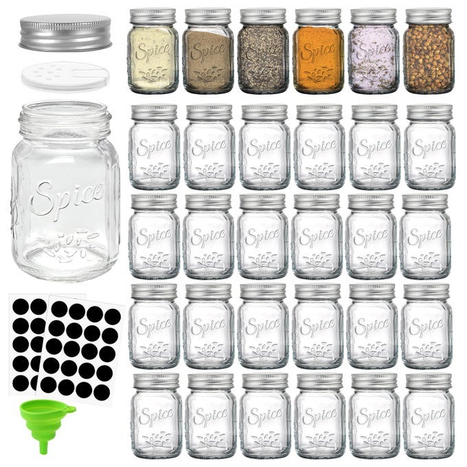 30 PACK 4 OZ GLASS MASON SPICE JAR WITH SHAKER LIDS LABELS EMPTY SPICE BOTTLE WITH AIRTIGHT METAL CAPS AND COLLAPSIBLE FUNNEL FOR HERBS SPICES
