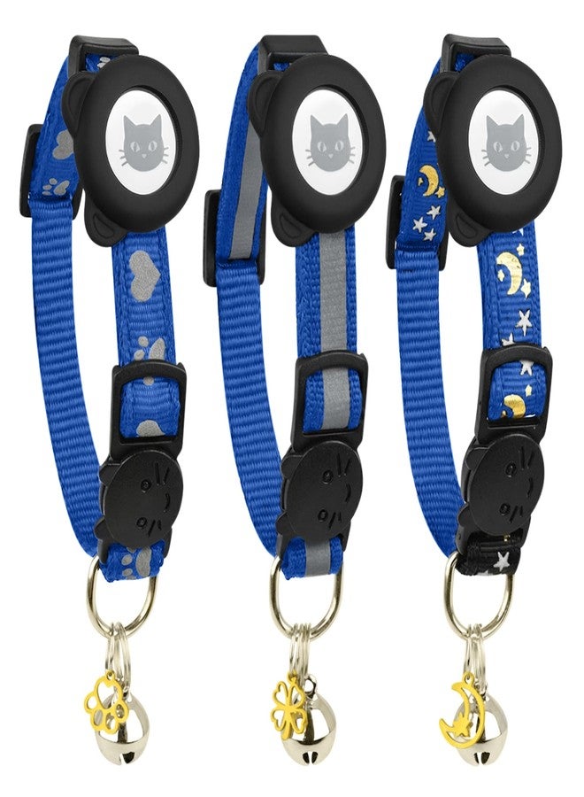 Bemix Pets Cat Collar with AirTag Holders, 3-Pack, Reflective Breakaway Safety Collars, Bells and Matching Charms, Adjustable, Paw Hearts, Moon Stars Design, Lucky Charm, Blue - Image 1