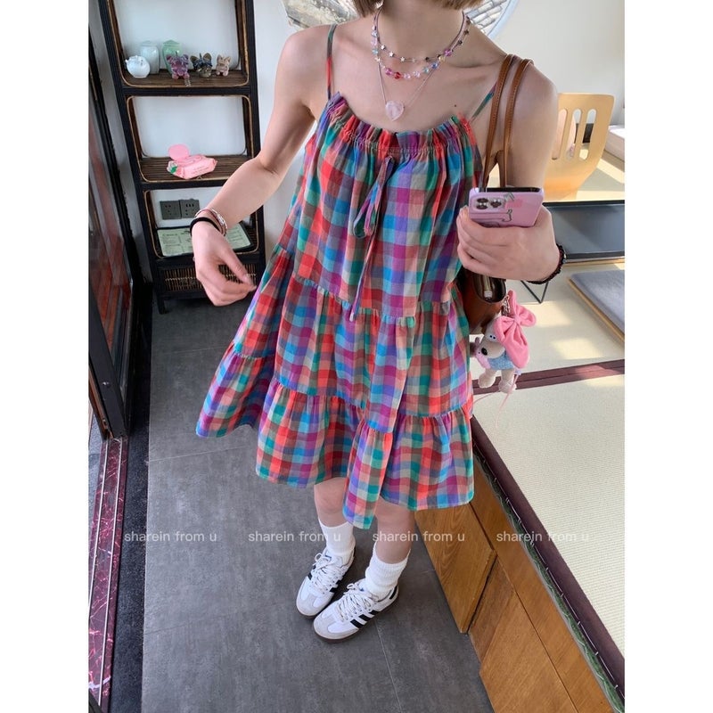 Ins-style Korean-style Rainbow Plaid Slip Skirt Womens Summer Sweet Dopamine Loose Girls dress Picture color 1310