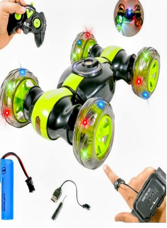 Remote Control Car with Watch - Invincible Stunt Car, 360 Degree Rotating Vehicle with Lights and Music, Twist Car Toy for Kids (Green)  - Image 1