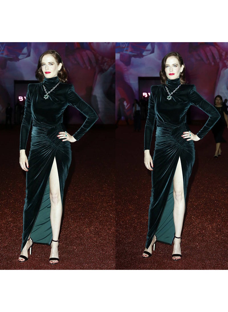 Generic 2024 Autumn New European And American Celebrity Gathered Year Dress Blackish Green Black Velvet Slims Smooths Your Silhouette Se Noble Green  - Image 1