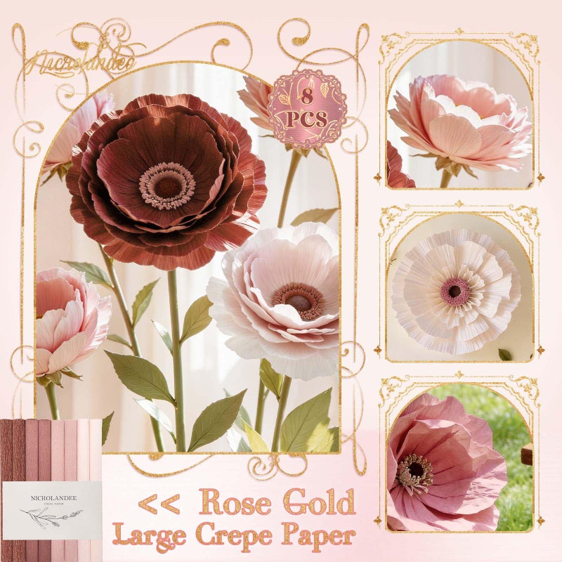 NICROLANDEE 8 Rolls Rose Gold Premium Crepe Paper Rolls for DIY Gift Wrapping Paper Crafts Birthday Wedding Holiday Paper Flower, 20 inches Wide by 6.56 ft Long, 4 Colors - Image 3