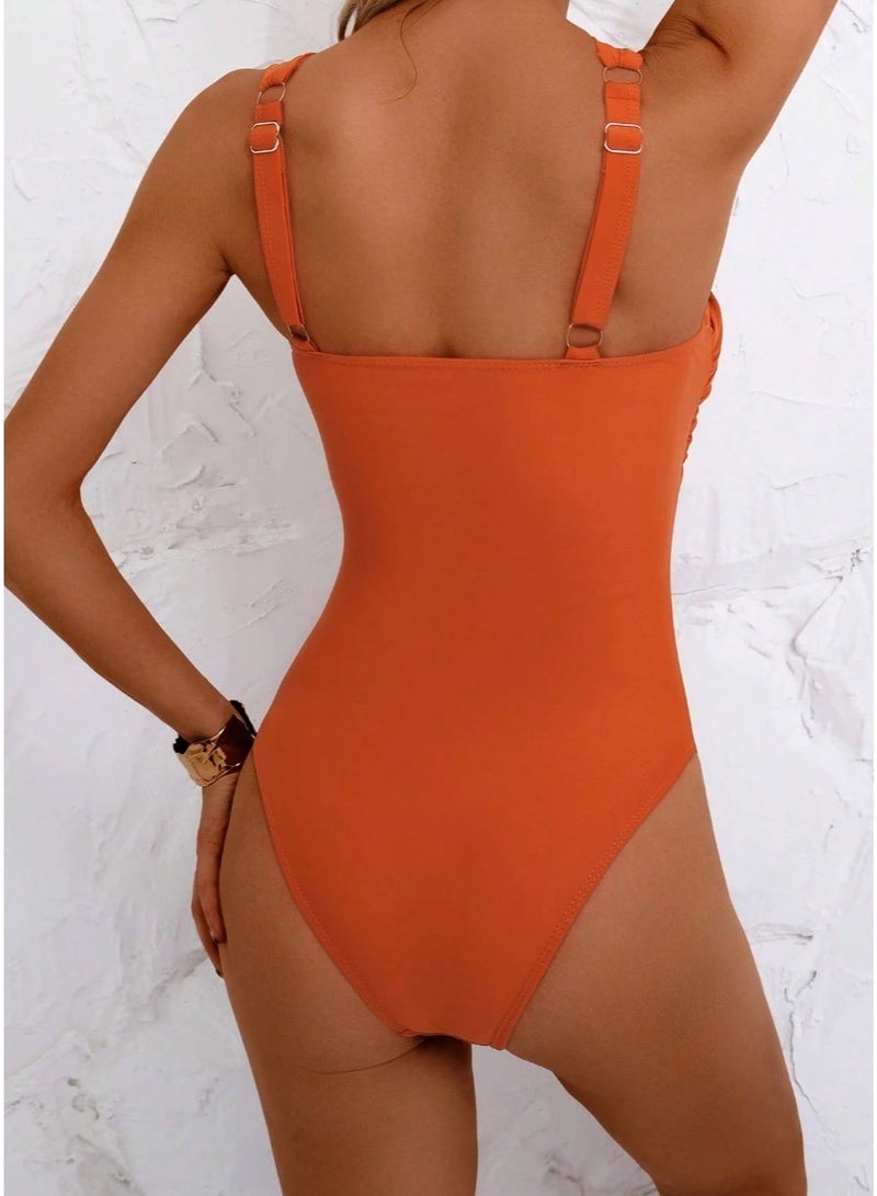 Shein Women's Asymmetric Neckline Sleeveless One Piece Swimsuit, Elegant High Elasticity Knit Fabric, Backless Beach Outfit - Image 5
