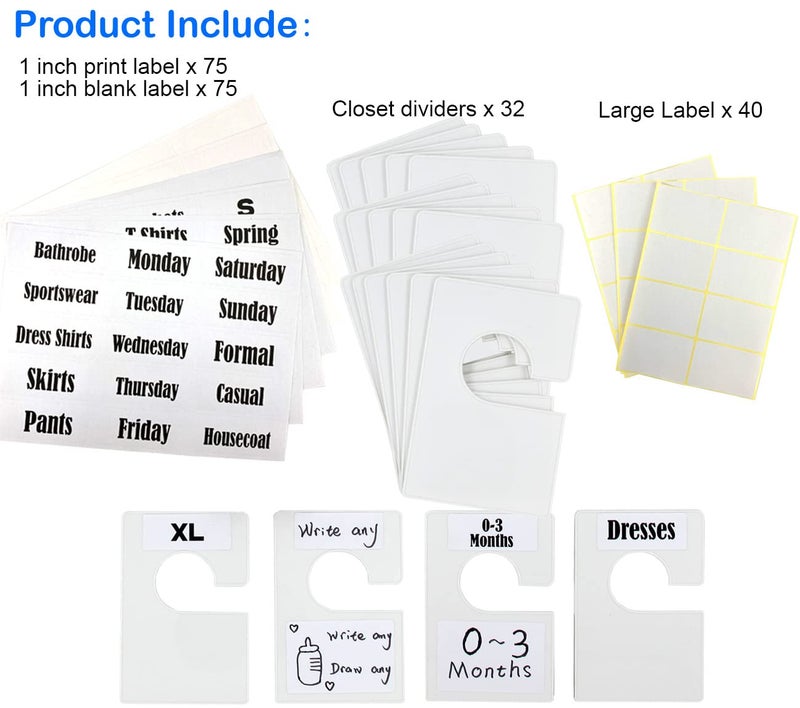 TraGoods 20 Pack White Clothing Rack Size Dividers Plus 90 Labels (1 Inch) and 20 Large Blank Labels, Large Rectangular Clothing Closet Dividers (Pearl White) - Image 3