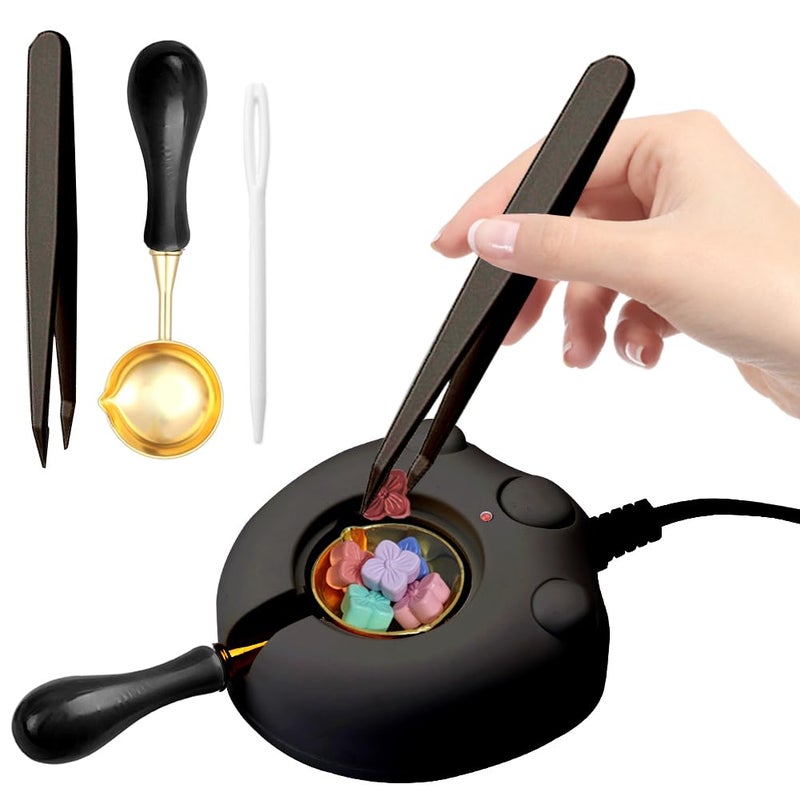 Electric Wax Seal Warmer Black Wax Seal Kit with Spoon and Tweezers Great Tool for DIY Wax Seals Wax Seal Stamp and Melting Wax Seal Sticks Sealing Wax Beads Black