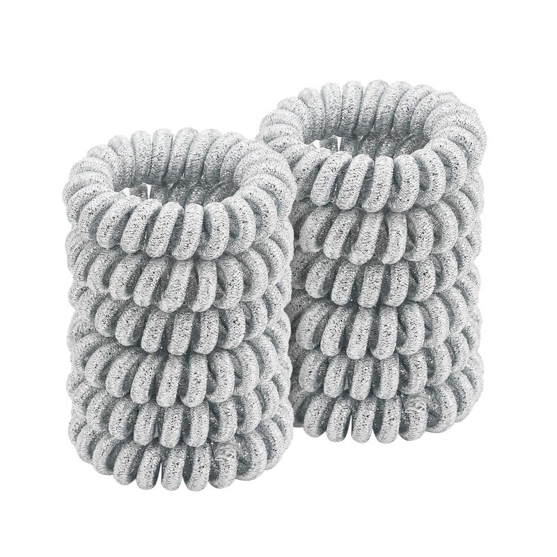 QIUTIMIY Spiral Glitter Silver Hair Ties 12 Pcs  Coil Ponytail Holders for Thick Hair NoCrease Plastic Phone Cord Hair Ties for All Hair Types