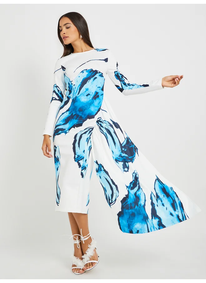ستايلي Styli Graphic Print Long Sleeves Sheath Midi Dress