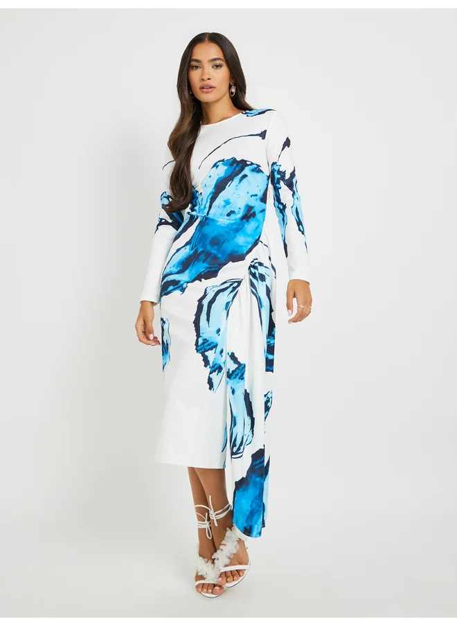 ستايلي Styli Graphic Print Long Sleeves Sheath Midi Dress