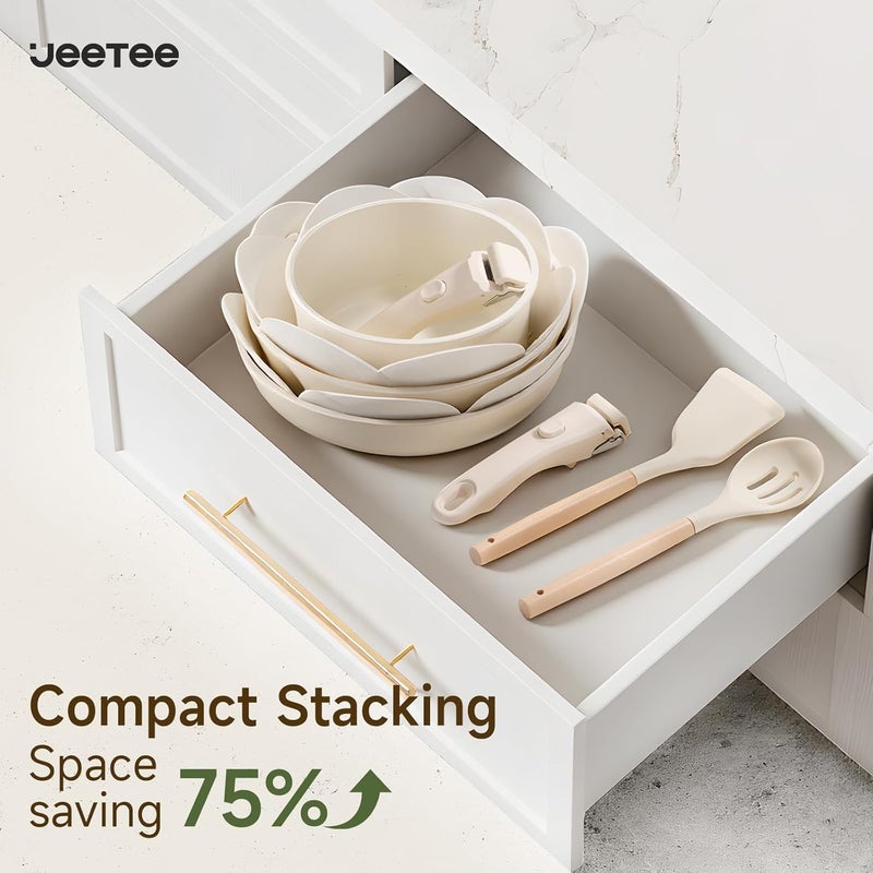 Jeetee Pots and Pans Set Non Stick 19pcs, Kitchen Cookware Sets with Detachable Handle, Induction Nonstick Cookware Set with Removable Handle, Stackable RV Cookware, Oven Safe, PFAS/PFOA Free, Beige - Image 4