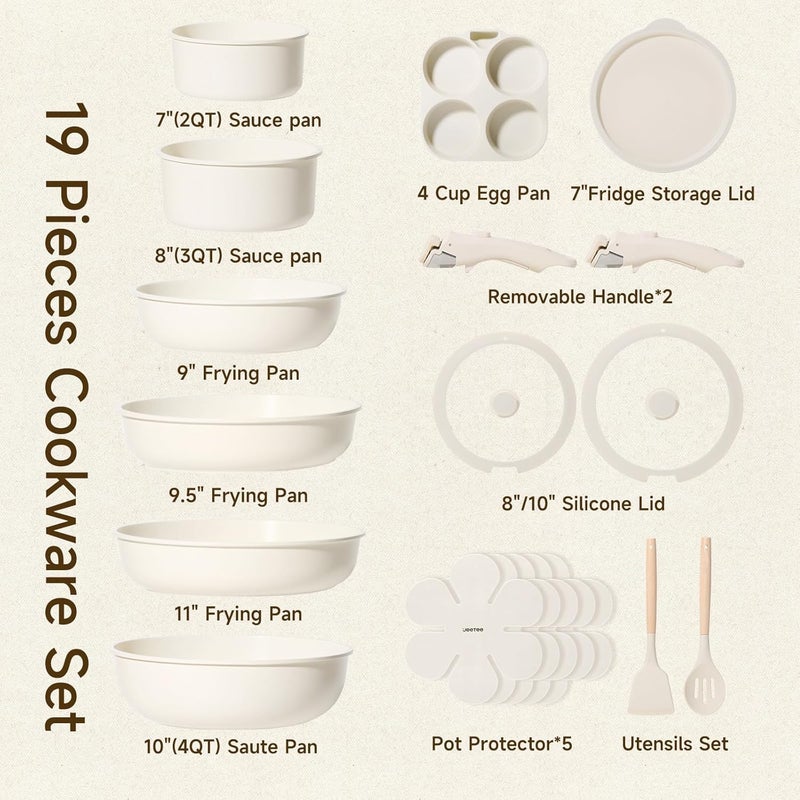 Jeetee Pots and Pans Set Non Stick 19pcs, Kitchen Cookware Sets with Detachable Handle, Induction Nonstick Cookware Set with Removable Handle, Stackable RV Cookware, Oven Safe, PFAS/PFOA Free, Beige - Image 2