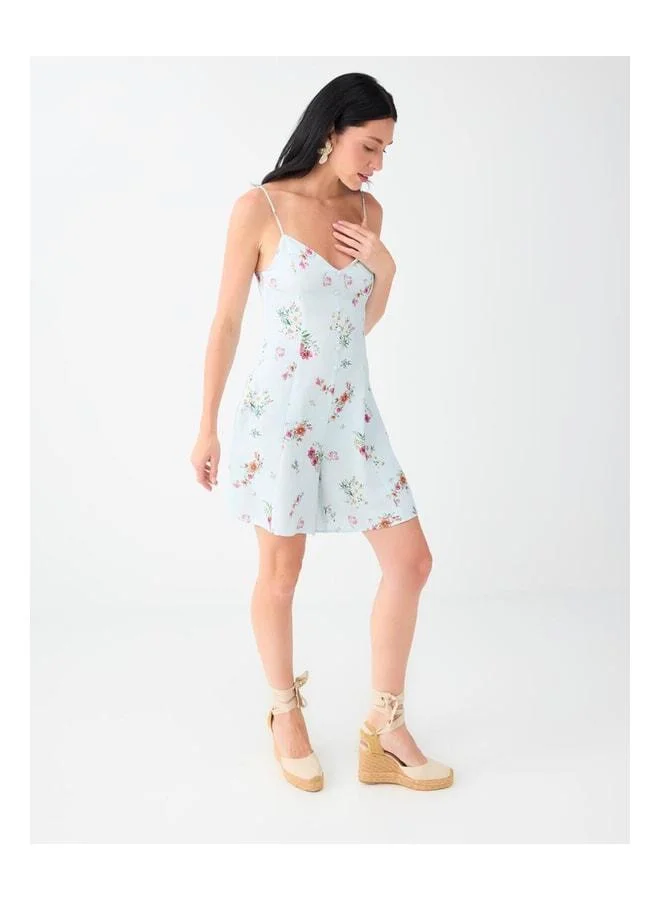 Jimmy Key  Light Blue Floral Patterned Linen-Blend Strap Mini Jumpsuit. for Women | Best Price UAE