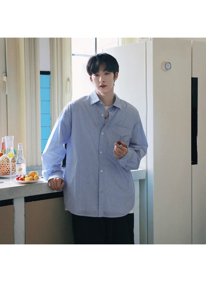 Swamp Area Striped Shirt Men's Spring And Autumn Thin Long Sleeve Style Loose Casual Fashion All-match Top Cs024 Blue 2XL - Image 4