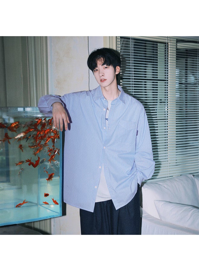 Swamp Area Striped Shirt Men's Spring And Autumn Thin Long Sleeve Style Loose Casual Fashion All-match Top Cs024 Blue 2XL - Image 2