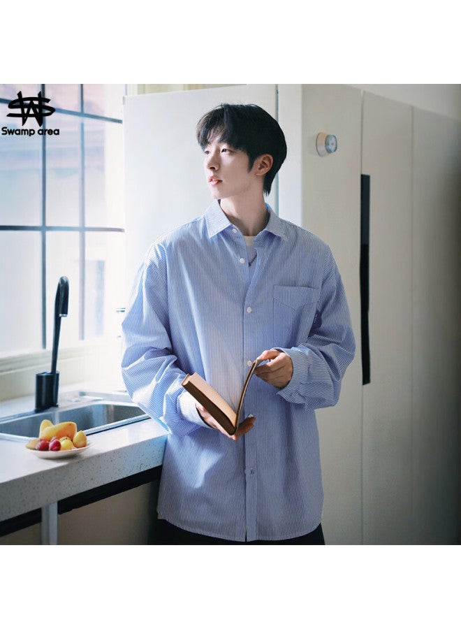Swamp Area Striped Shirt Men's Spring And Autumn Thin Long Sleeve Style Loose Casual Fashion All-match Top Cs024 Blue 2XL - Image 1