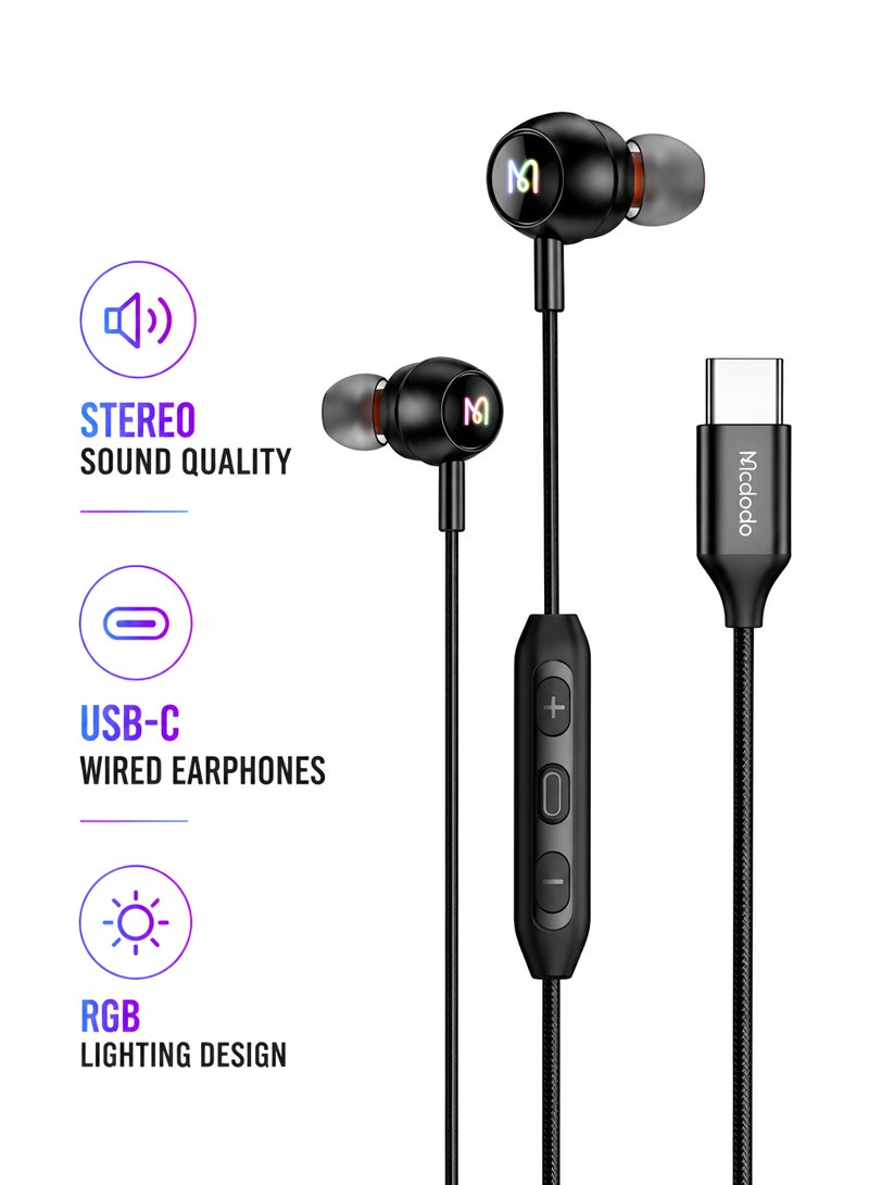 Mcdodo USB-C RGB Wired Earphones with Mic – Type-C Stereo Headphones for Android Phone, Gaming, Laptop – Black (HP-5830) - Image 1