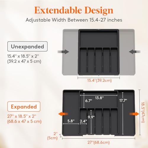 Lifewit Silverware Drawer Organizer, Expandable Utensil Tray for Kitchen, BPA Free Flatware and Cutlery Holder, Adjustable Plastic Storage for Spoons Forks Knives, 15- 27 x 18.5", Black - Image 4