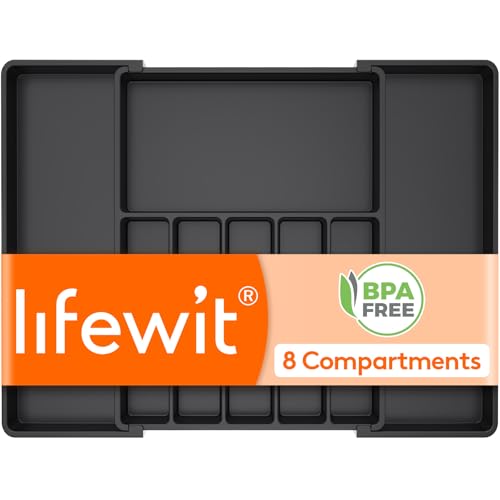 Lifewit Silverware Drawer Organizer, Expandable Utensil Tray for Kitchen, BPA Free Flatware and Cutlery Holder, Adjustable Plastic Storage for Spoons Forks Knives, 15- 27 x 18.5", Black - Image 1