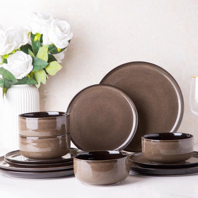 CERAMIC DINNERWARE SET OF 4 PORECLAIN PLATES BOWLS HANDMADE REACTIVE GLAZE DISHES CHIP RESISTANT OVEN DISHWASHER SAFE SERVICE FOR 4CHESTNUT