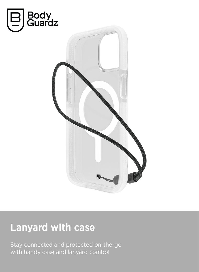 Bodyguardz Ace Pro for iPhone 15 Plus Case Cover with 18 Feet Drop Protection compatible with MagSafe with Lanyard - Clear/White - Image 2