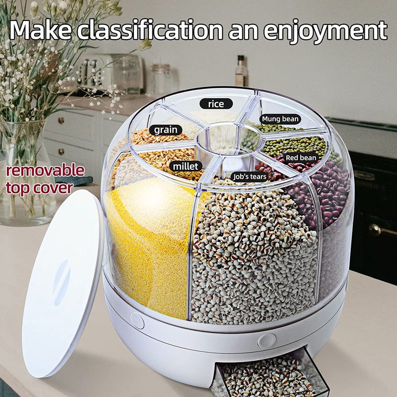 VBM VBM Airtight Food Storage Containers Rice Dispenser Countertop Cereal grain pulses Container Sets 6 Grids Rotating Canisters With Durable Lid  - Image 3