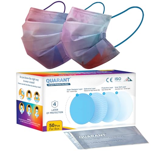 QUARANT Meltblown - Dual SMMS Fabric 4 Ply Designer Protective Face Mask with Nose Clip and Reusable Travel Pouch, Fashion That's Safe (Prism Combo, Pack of 50) for Unisex - Image 1
