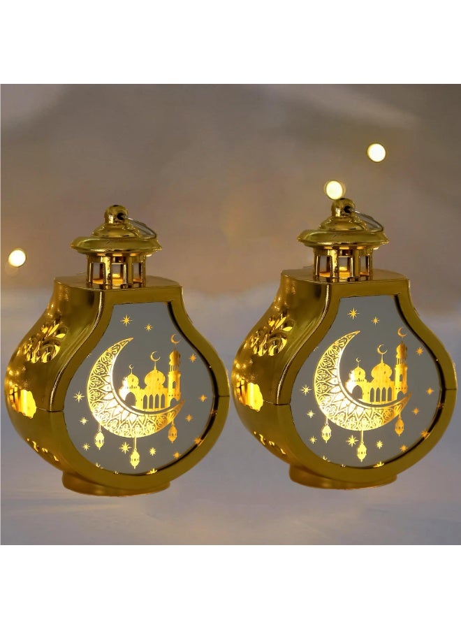 Chielor 2 Pcs Ramadan Decorative Lantern, Mini Gold Candle Lantern Decorative Hanging Lantern Eid Mubarak Lantern Moon Star Lantern Ramadan Decorations for Home Indoor Outdoor Ramadan Table Décor - Image 1