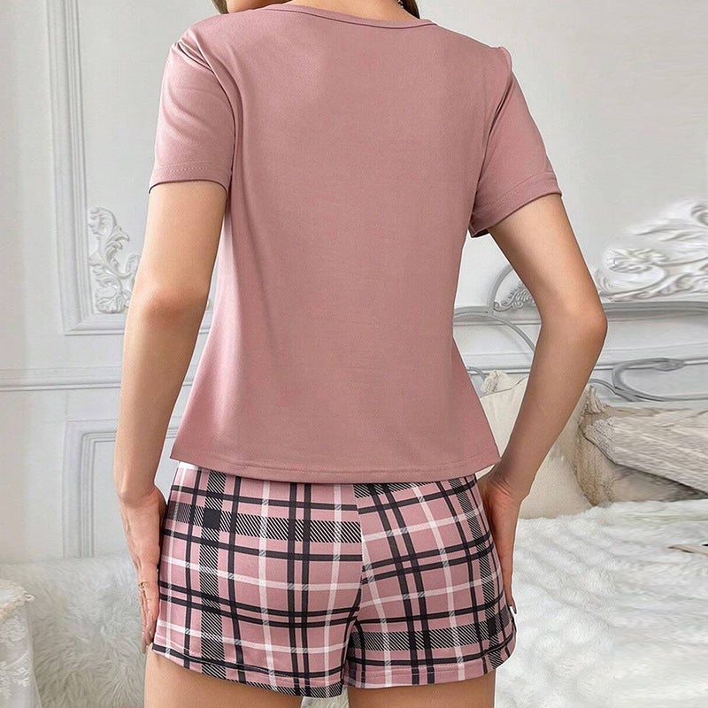 Women's Summer Plaid Print Short Sleeve Shorts Pajama Set - Image 2