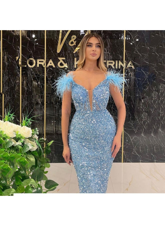 Spring And Summer New European And American Women's Deep V Sequined Evening Dress Feather Sequined Sleeveless Dress Long Dress