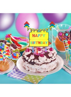BOAO 34 Pieces Building Block Themed Happy Birthday Cake Toppers Cupcake Building Block Cake Banners Building Block Birthday Decorations For Kids Adults Birthday Party Supplies  - Image 3
