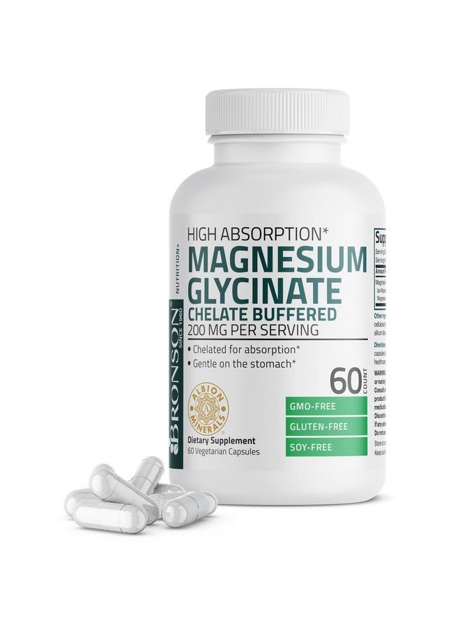 Bronson برونسون مغنيسيوم جليسينات 200 ملغ لكل حصة مخلب لامتصاص عالي، لطيف على المعدة، غير معدّل وراثيًا، 60 كبسولة نباتية - Image 1