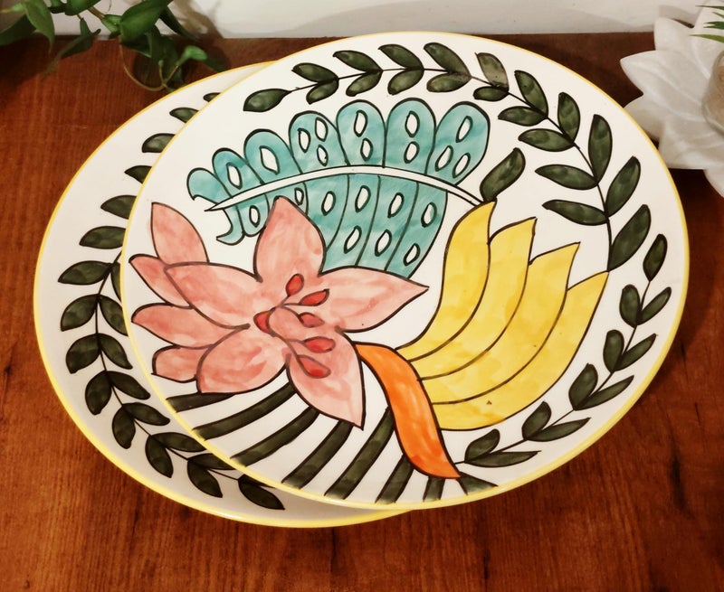 Calcine Hand Painted Ceramic Decorative Plate, 26 cm, Floral Design with Yellow Trim - Image 3