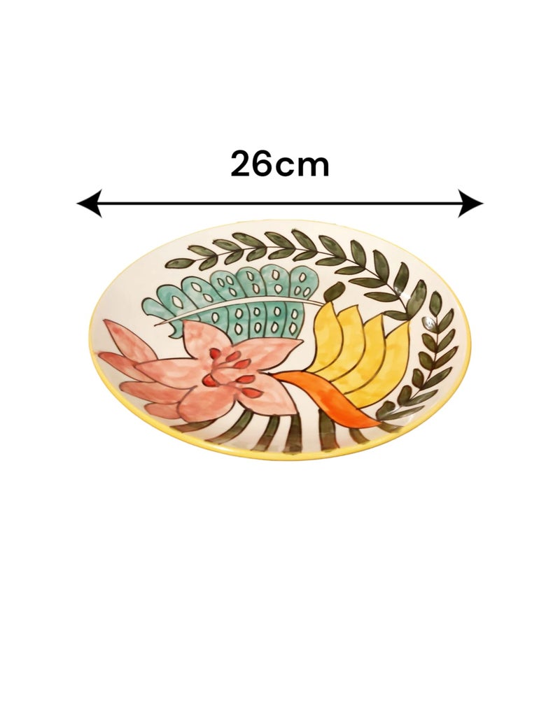 Calcine Hand Painted Ceramic Decorative Plate, 26 cm, Floral Design with Yellow Trim - Image 2
