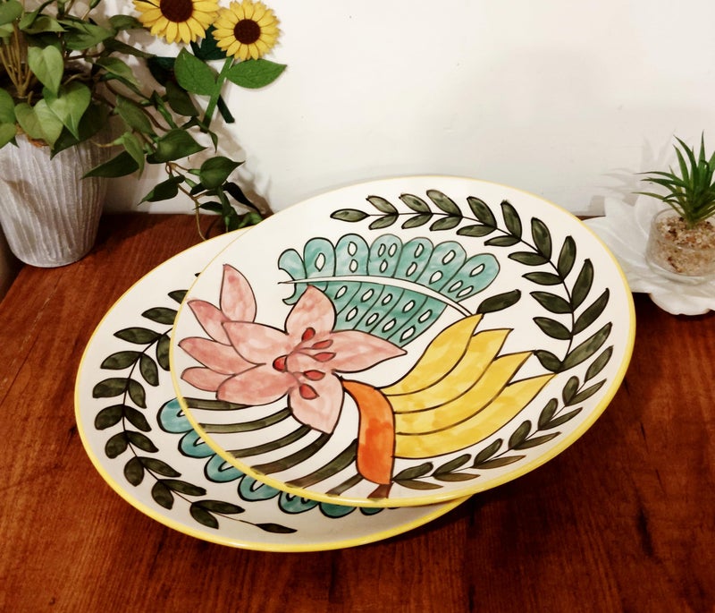 Calcine Hand Painted Ceramic Decorative Plate, 26 cm, Floral Design with Yellow Trim - Image 1