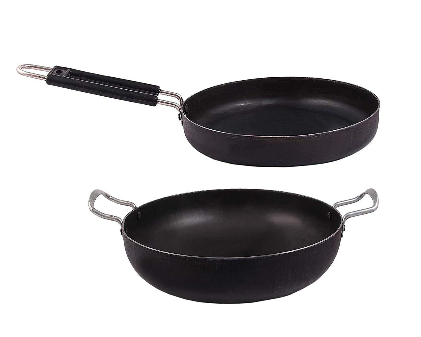 KITCHEN SHOPEE Iron Cookware Set 2 combo Kadai Cooking deep Kadhai Heavy Base Multipurpose use 10 in 8 in Iron Fry pan with Steel Handle 4 Liters Induction Friendly color black