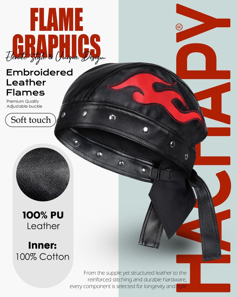 Hachapy Women's Leather Biker Hat Adjustable Strap Skull Cap for Riding Red - Image 3