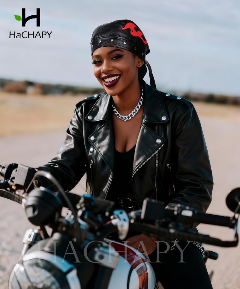 Hachapy Women's Leather Biker Hat Adjustable Strap Skull Cap for Riding Red - Image 5