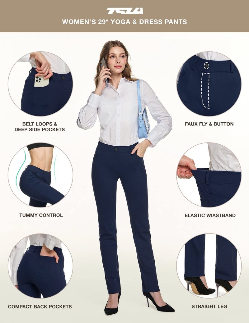 TSLA Women's Yoga & Dress Pants, Office Business Casual Work Slacks, Stretch Straight Leg/Bootcut Pants with 4 Pockets, Slacks Petite Navy, Small - Image 2