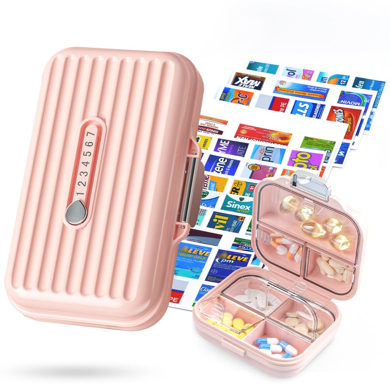 Goffing Travel Pill Organizer Box with Medicine Labels 2Pack 7 Compartments Portable Pill Case Daily Medication Organizer Storage Pill Container for Pocket PharmacyPink SL 2Pack - Image 3