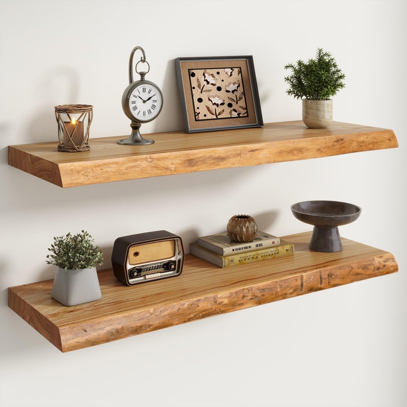 RICHFOCUS Live Edge Elm Floating Shelves For Wall - 36" W x 9.3" D Rustic Solid Wood Shelves with Invisible Bracket, Wall-Mounted Storage & Display Shelf for Living Room Bedroom Kitchen, Set of 2, Natural - Image 1