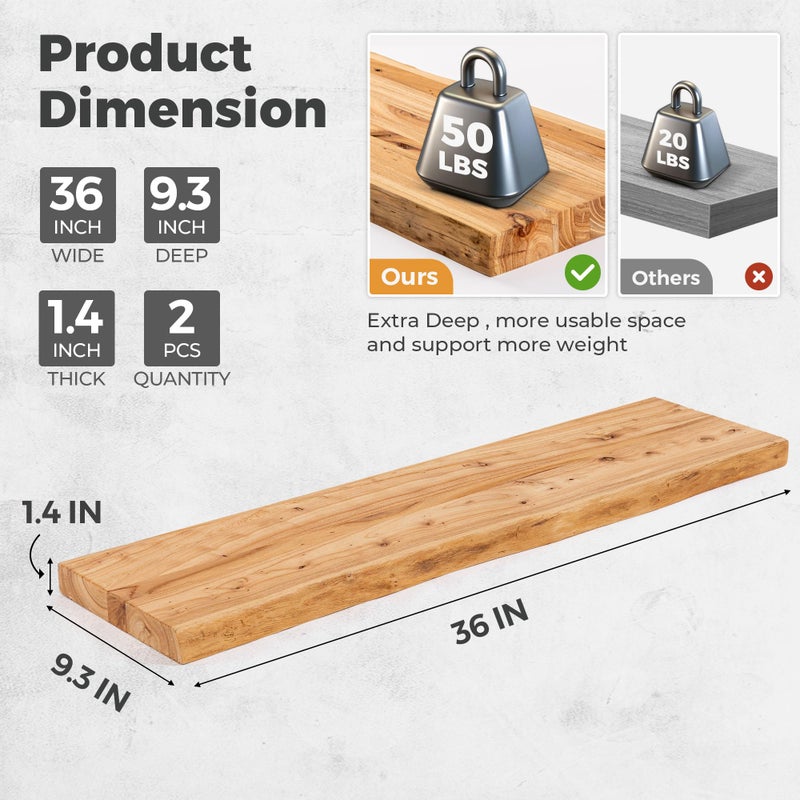 RICHFOCUS Live Edge Elm Floating Shelves For Wall - 36" W x 9.3" D Rustic Solid Wood Shelves with Invisible Bracket, Wall-Mounted Storage & Display Shelf for Living Room Bedroom Kitchen, Set of 2, Natural - Image 2