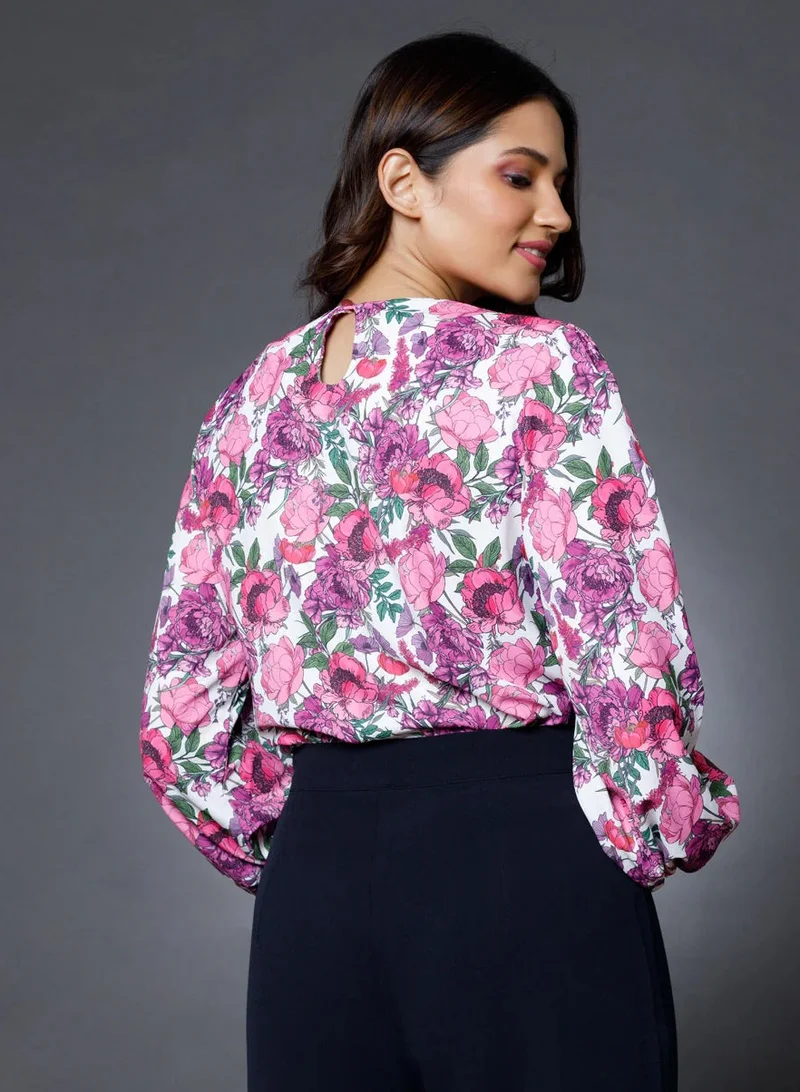 Zigzag Purple Floral Shirred Cuff Top