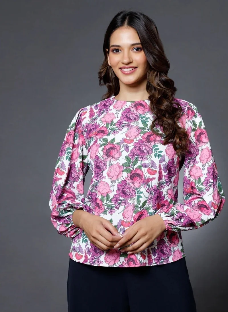 Zigzag Purple Floral Shirred Cuff Top