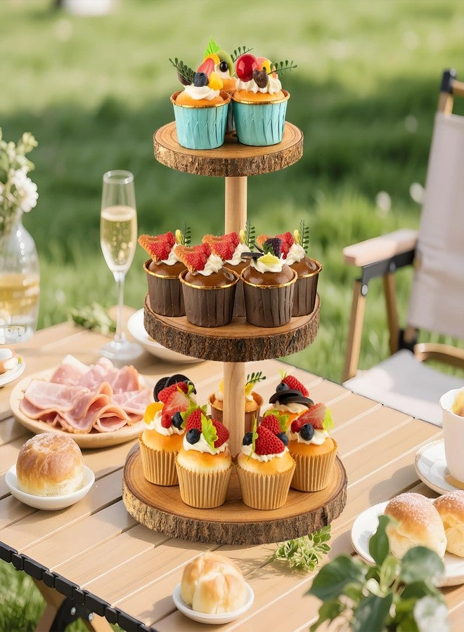 Gusnilo Rustic 3-Tier Wooden Cupcake Stand & Cake Tower – Natural Paulownia Wood Tiered Display for Weddings, Parties, Baby Showers, Holidays (Farmhouse Décor, Handcrafted Bark Design) - Image 3