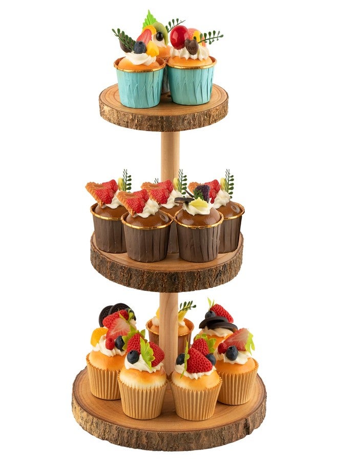 Gusnilo Rustic 3-Tier Wooden Cupcake Stand & Cake Tower – Natural Paulownia Wood Tiered Display for Weddings, Parties, Baby Showers, Holidays (Farmhouse Décor, Handcrafted Bark Design) - Image 1