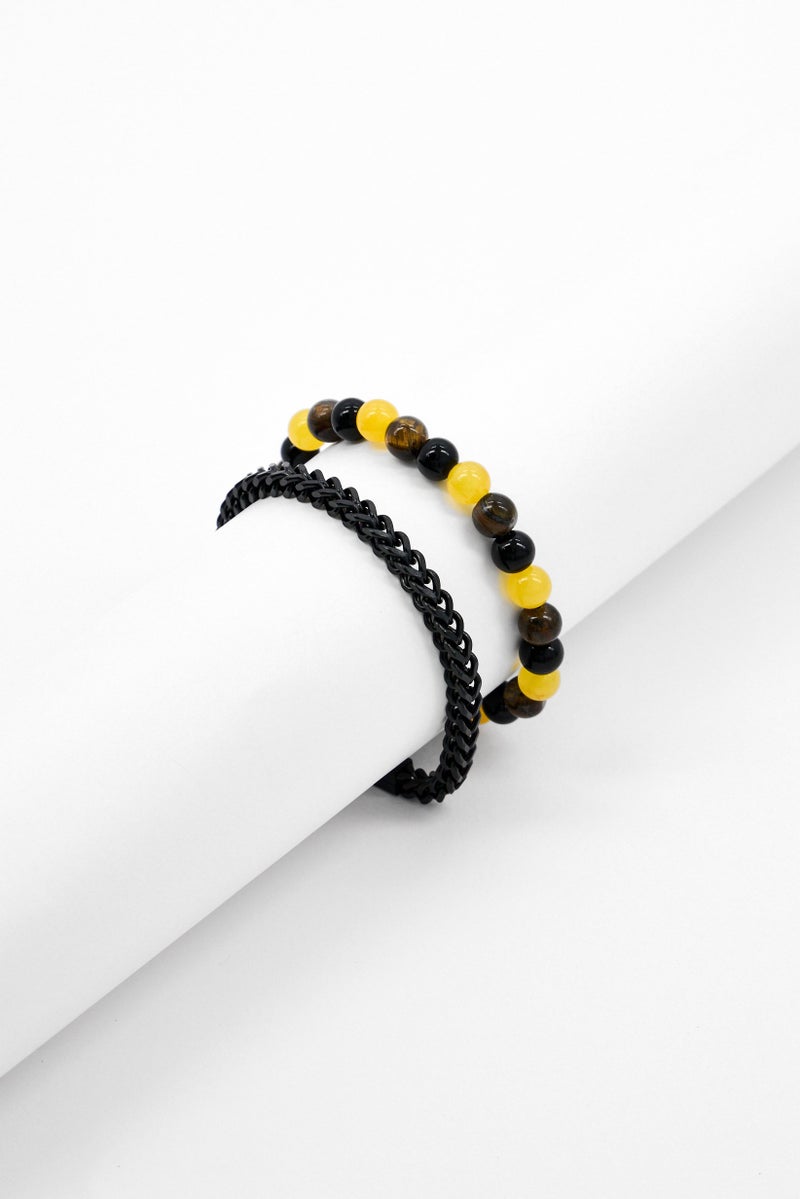 NAUTICA Men Stainless Steel Tiger Eyes Stone Beaded Bracelet, Multicolor - Image 1