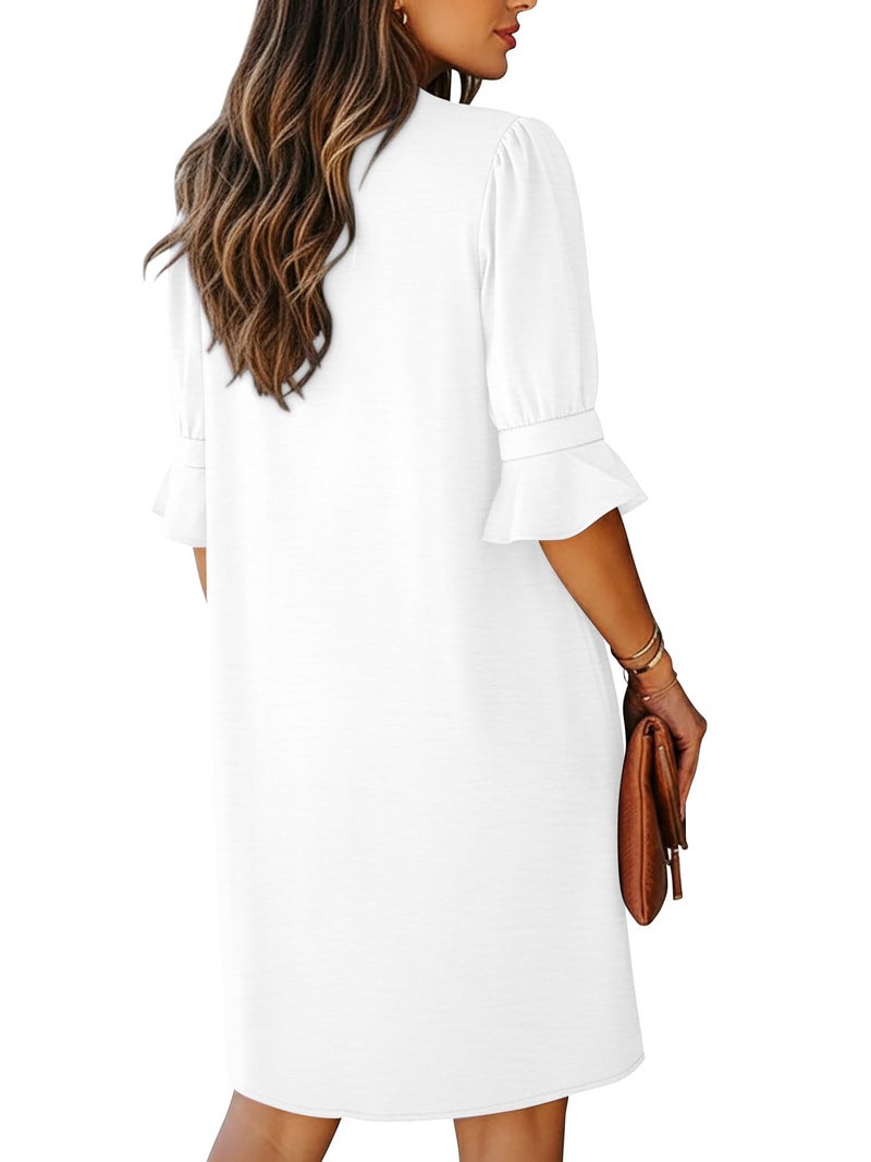 KISSMODA White Dress Women Summer 2026 V Neck Ruffle Short Sleeve Casual Boho Flowy Shift Dress Wedding Dress Large - Image 2