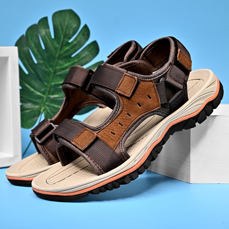 Summer Men'S Sandals Large Size Breathable Sandals Vintage Handmade Leather Stitching Casual Men'S Beach Sandals - Image 1