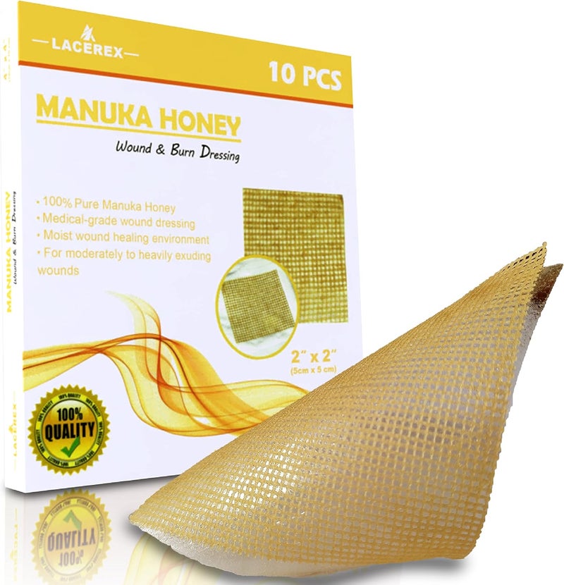 AWD Medical AWD Manuka Honey Gauze Dressing - 100% Impregnated Medical Grade Honey Patches - Medical Supplies, Wound Care, and First Aid - Gauze Pads 10 Count (2"x2")