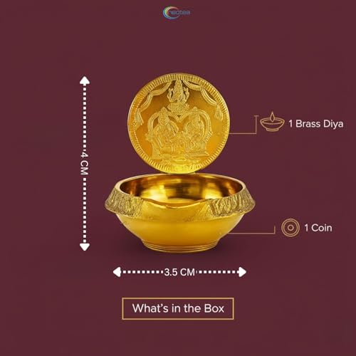 Neotea Special Small Lakshmi Kubera Oil Lamp Diya | Traditional Kubera Deepam Vilakku with One Coin | Perfect for Pooja, Temple, Festivals, and Home Décor | Brass Kuber Lamp for Prosperity (Golden) -1 - Image 4